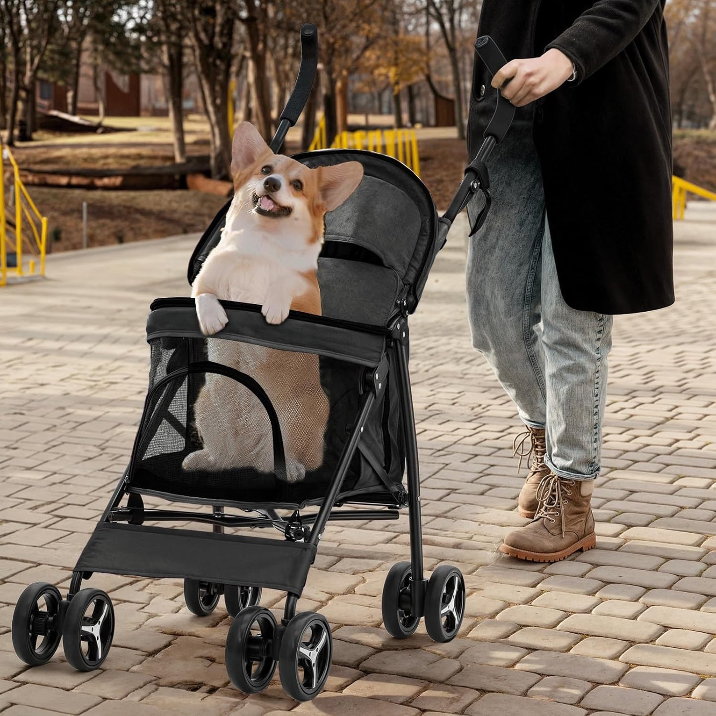 MoNiBloom 4 Wheels Pet Stroller, Easy-Fold Puppy Cage.